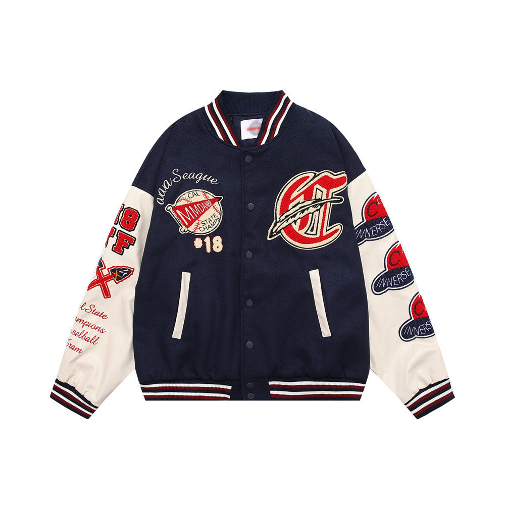 Color Contrast Patchwork PU Leather Sleeve Machine Embroidery Letter Baseball Uniform Jacket