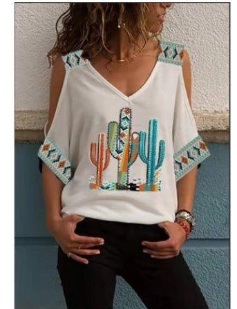 Loose Off-the-shoulder Mid-sleeve Retro Print T-shirt Summer European And American Women's Tops