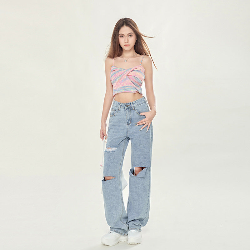 Damejeans med høj talje, lyseblå, ripped, vide ben