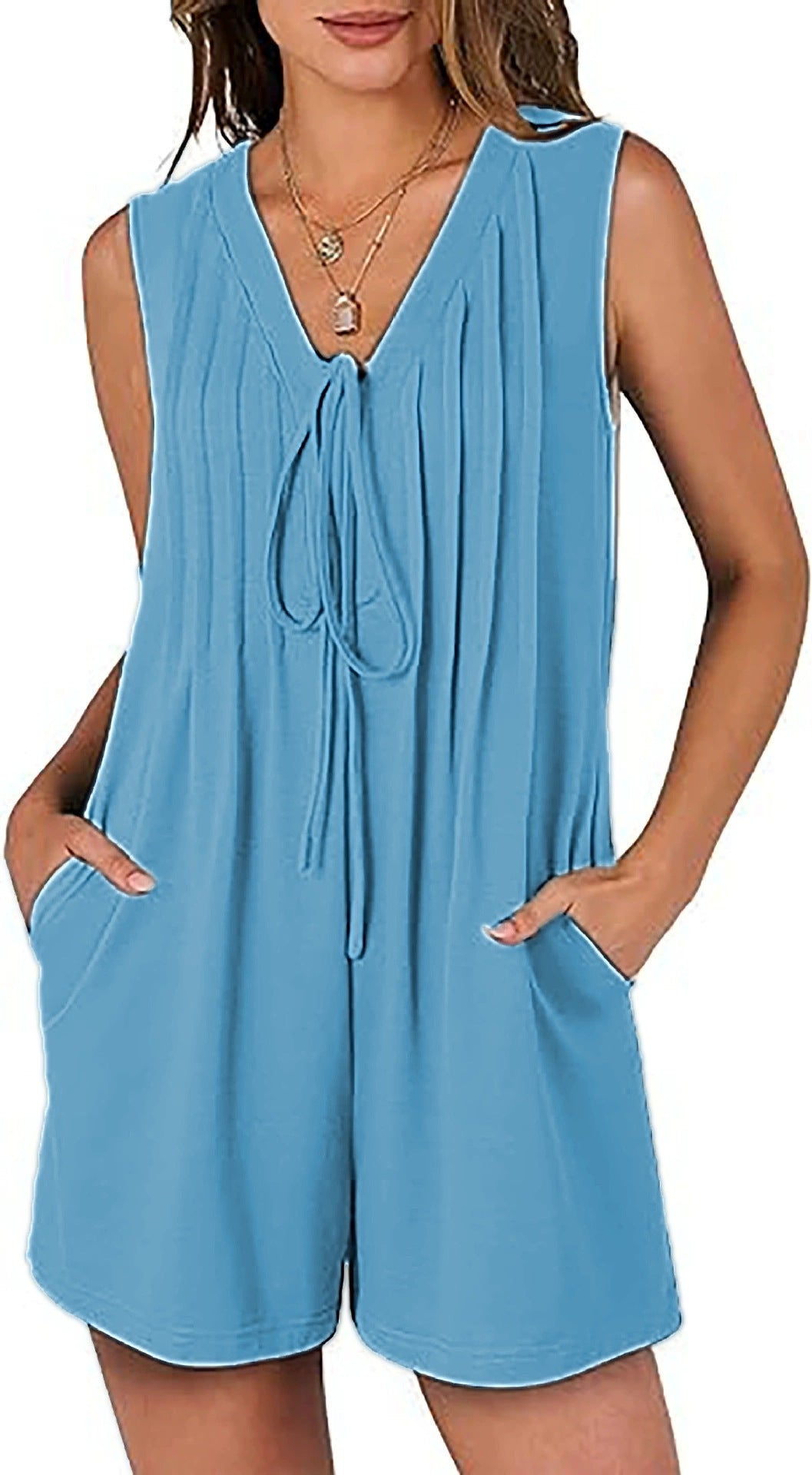 Summer Loose Sleeveless Pleated Front-tie V-neck Short Jumpsuit With Pockets