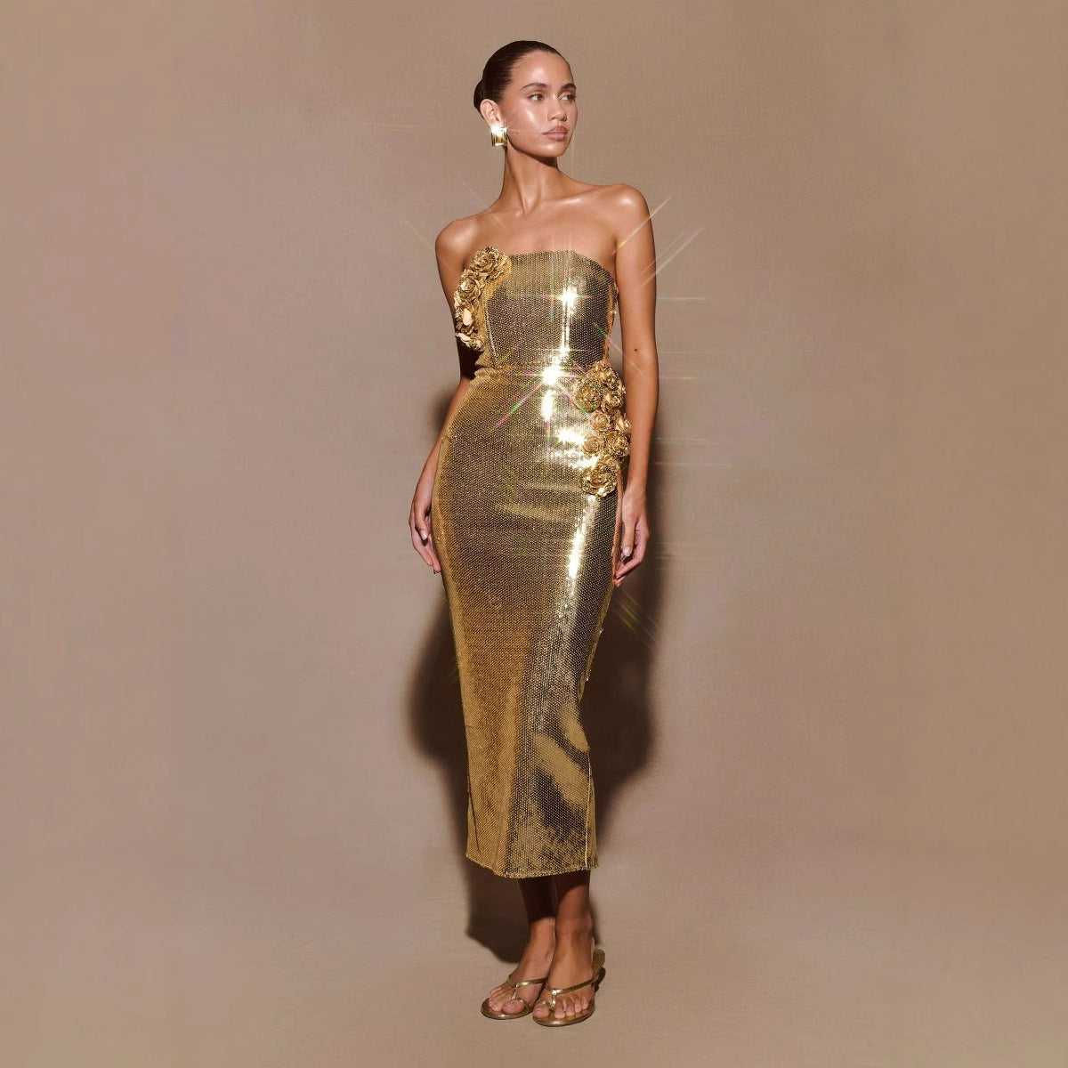 Womens Golden 3D Floral Tube Dress