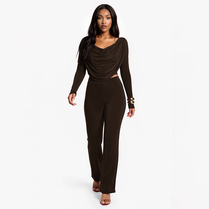 Solid-color Casual Boat-neck Long-sleeve Top And Slim-fit Pants Set