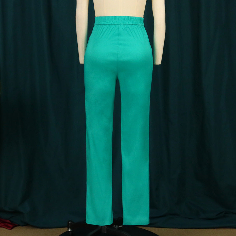 High Waist Slim Fit Solid Straight Leg Pants Green Elastic Lounge Pants
