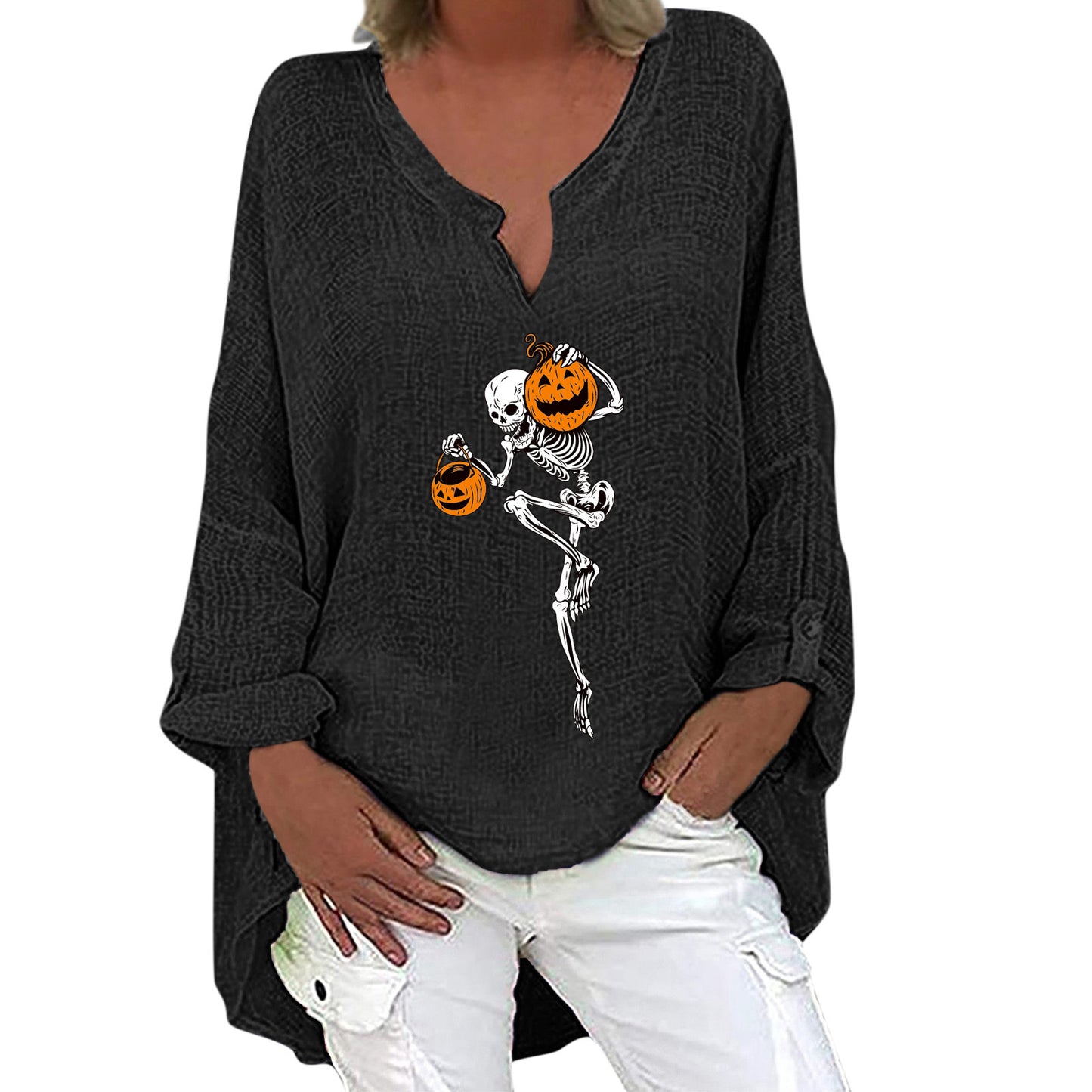 Halloween-tema print V-hals bomuldslinned langærmet skjorte til kvinder