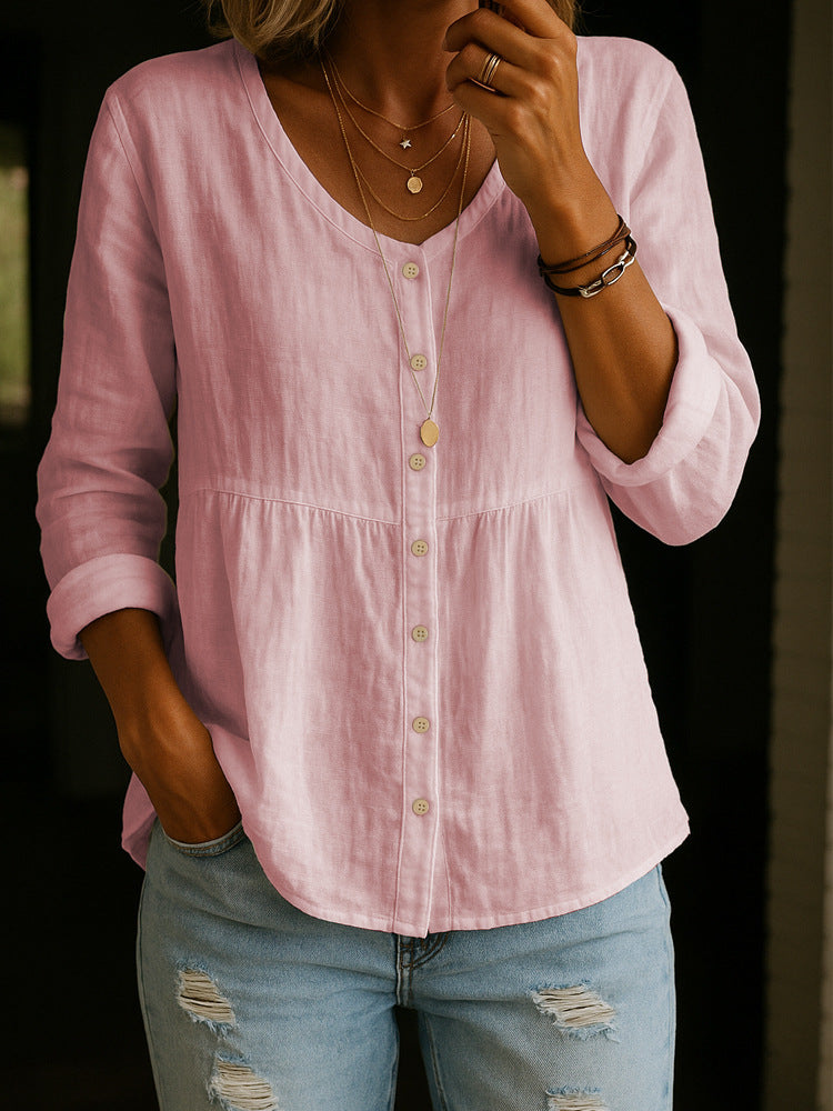Casual Loose Fashion Cotton And Linen Long Sleeve V-neck Buttons Shirt