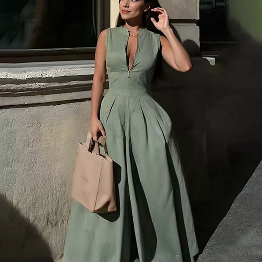 Versatile Solid-Color Zippered Sleeveless Patchwork Jumpsuit