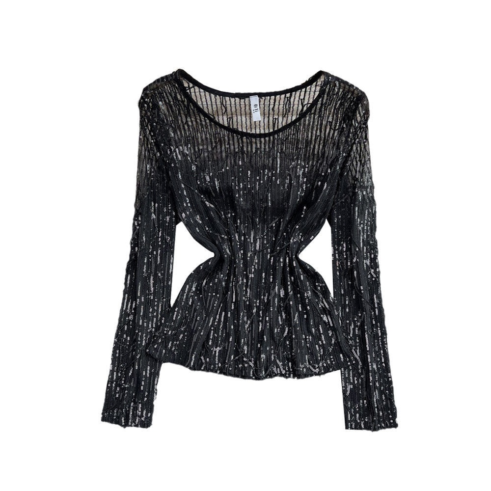 Womens Casual Loose Top With Round Neck Tassels And Sequins