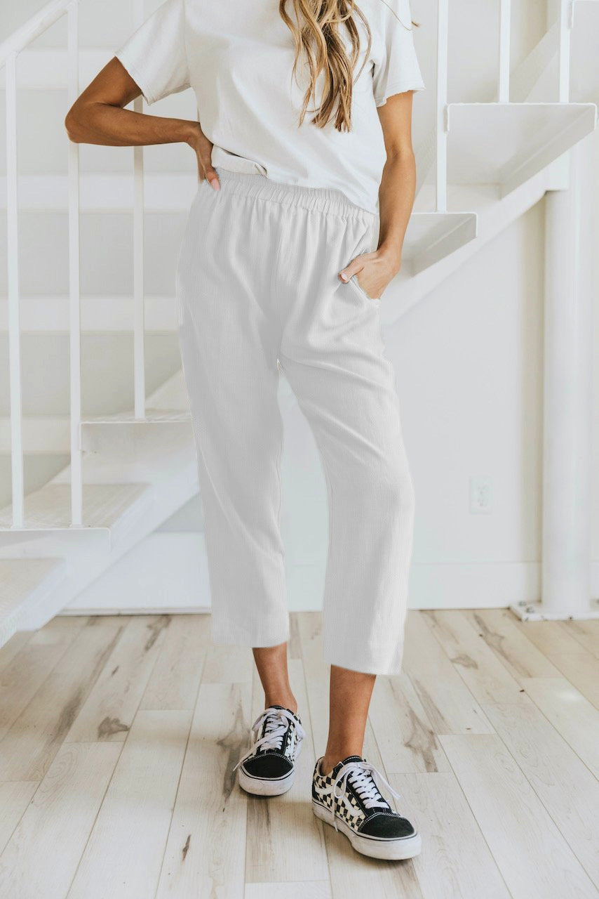 Solid Color Casual Elasticated High-waist Cropped Trousers