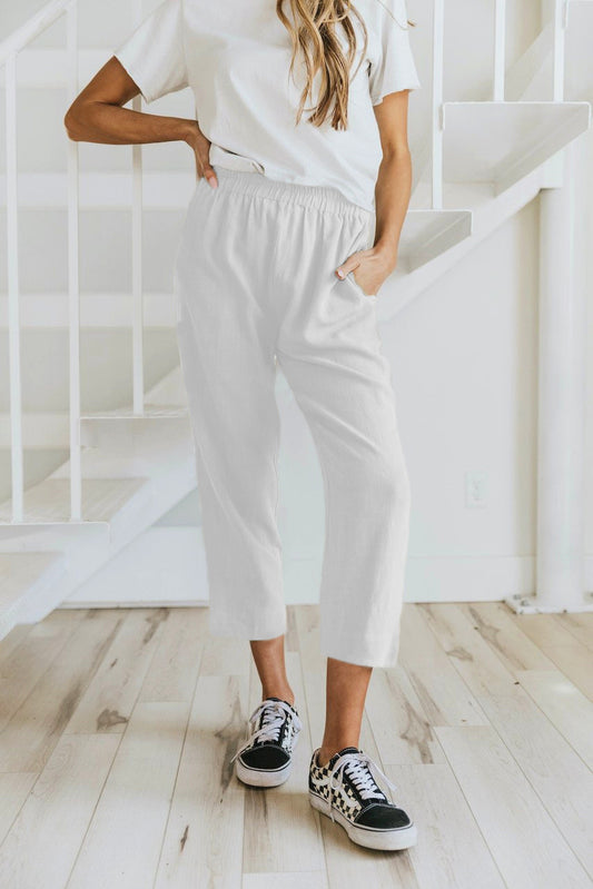 Solid Color Casual Elasticated High-waist Cropped Trousers