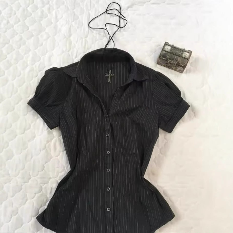 Graceful Collar Lapel Pleated Single-breasted Slim Fitted Waist Striped Solid Color Shirt