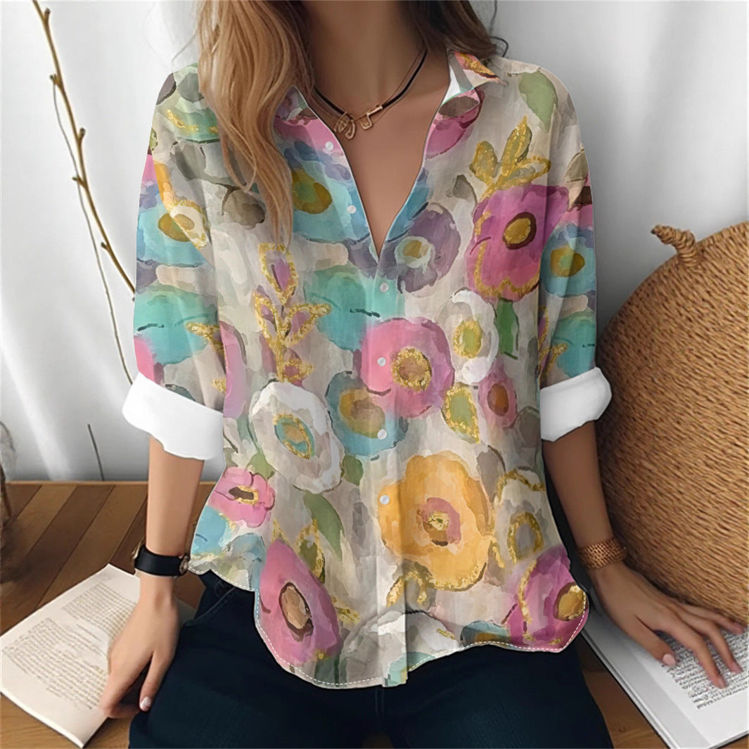 Women's 3D Printed Floral Pattern Long-sleeved Shirt