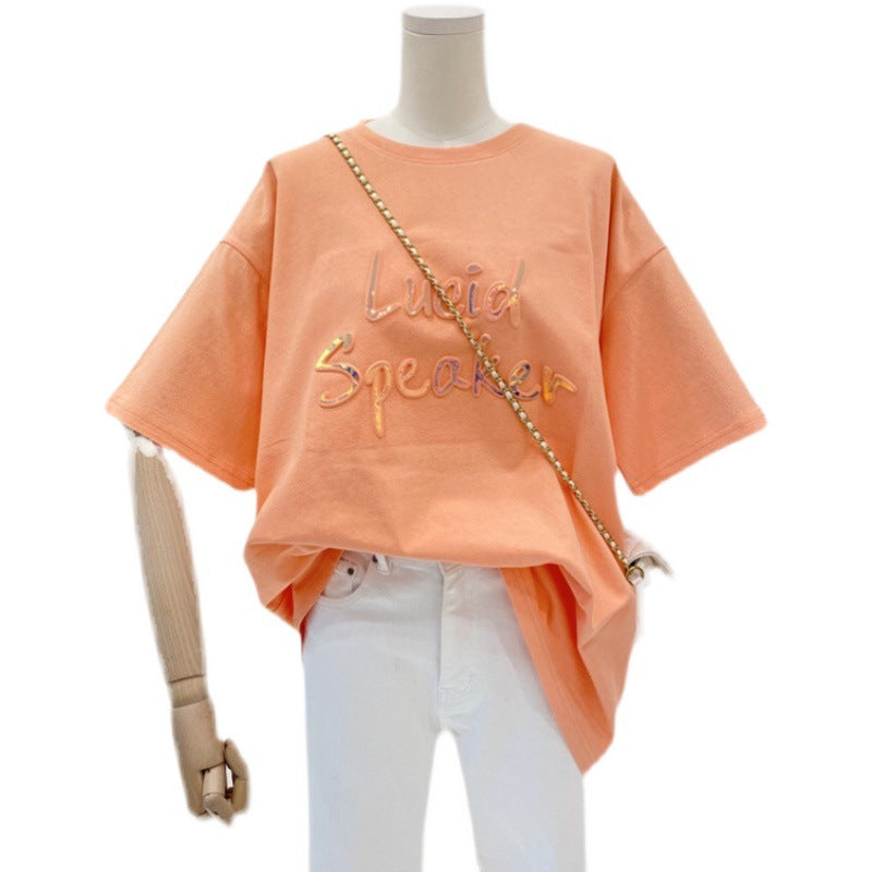 Women's Loose Short-sleeved T-shirt With Bronzing Letter Design Sense