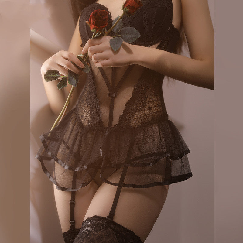 Underwire Gathering Perspective Mesh Lace Vest Set