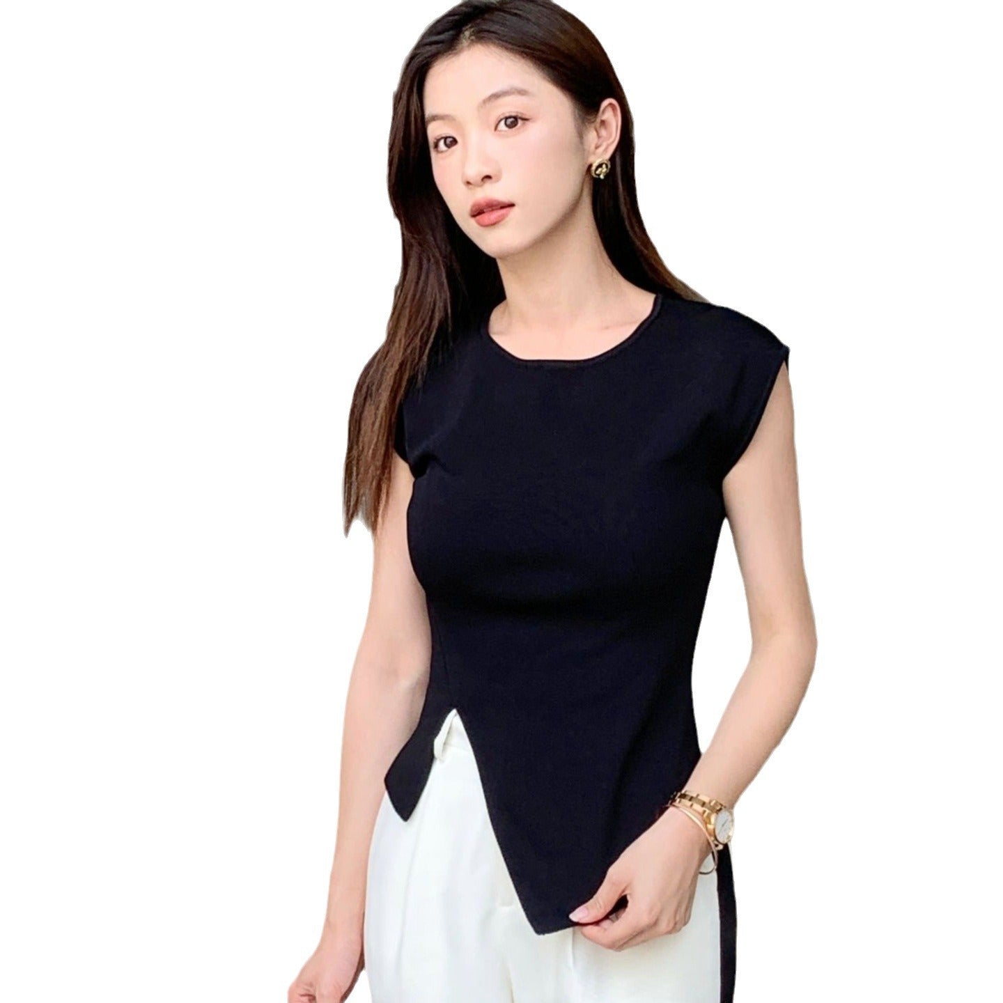 High-grade Ice Silk Waist-tight Slimming Sense Of Design Knitwear Top For Women