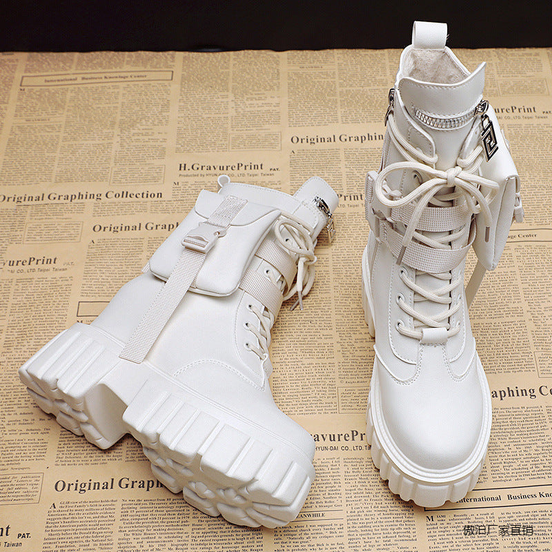 Platform Shoes Female Autumn And Winter Cotton Padded Height Increasing Insole Mid-calf Martin Boots