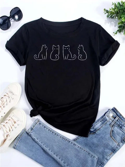 Womens Heart-Shaped Cat Crew-Neck Printed Short-Sleeve Top