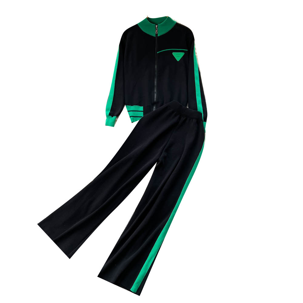 Athletic Contrast-color Long-sleeve Baseball Jacket And Casual Pants Set