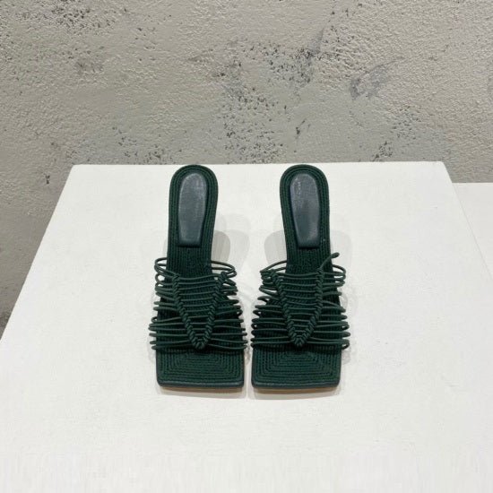 Square-toe High-heel Sandals In Woven Mesh And Leather