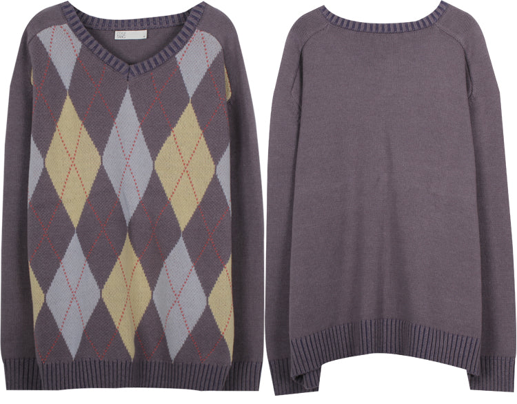 American Retro Gray Blue V-neck Diamond Knitted Sweater Women