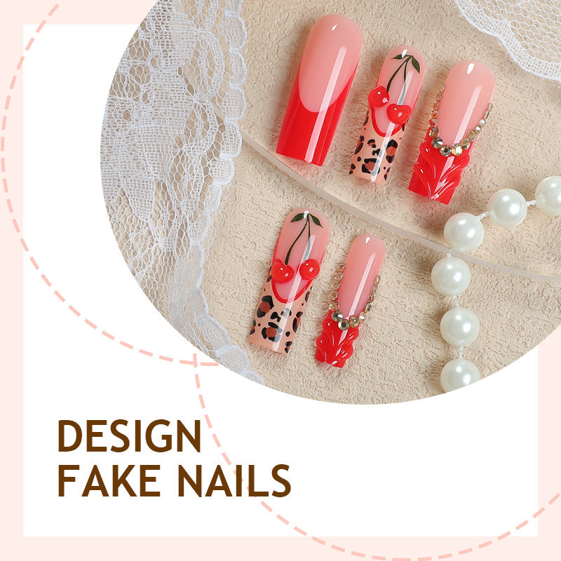 New Long-tube Wearable Nails In Red Leopard Print With A French Edge