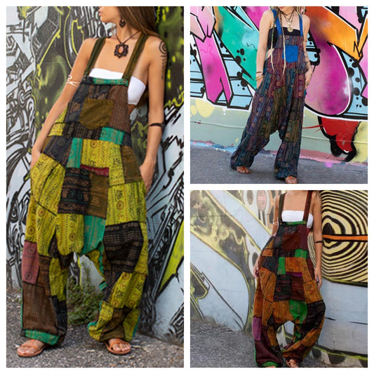 Hippie Stitching Printing Loose-fitting Overalls