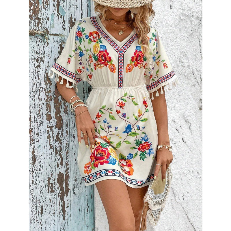 Bohemian Retro Ethnic Print Temperament Waist-controlled Slimming And Short Holiday Dress