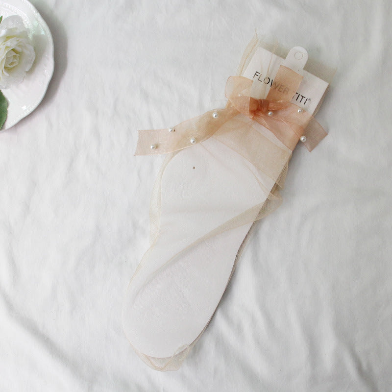 Lace-up Bowknot Pearl-in-tube Transparent Sheer Mesh Socks