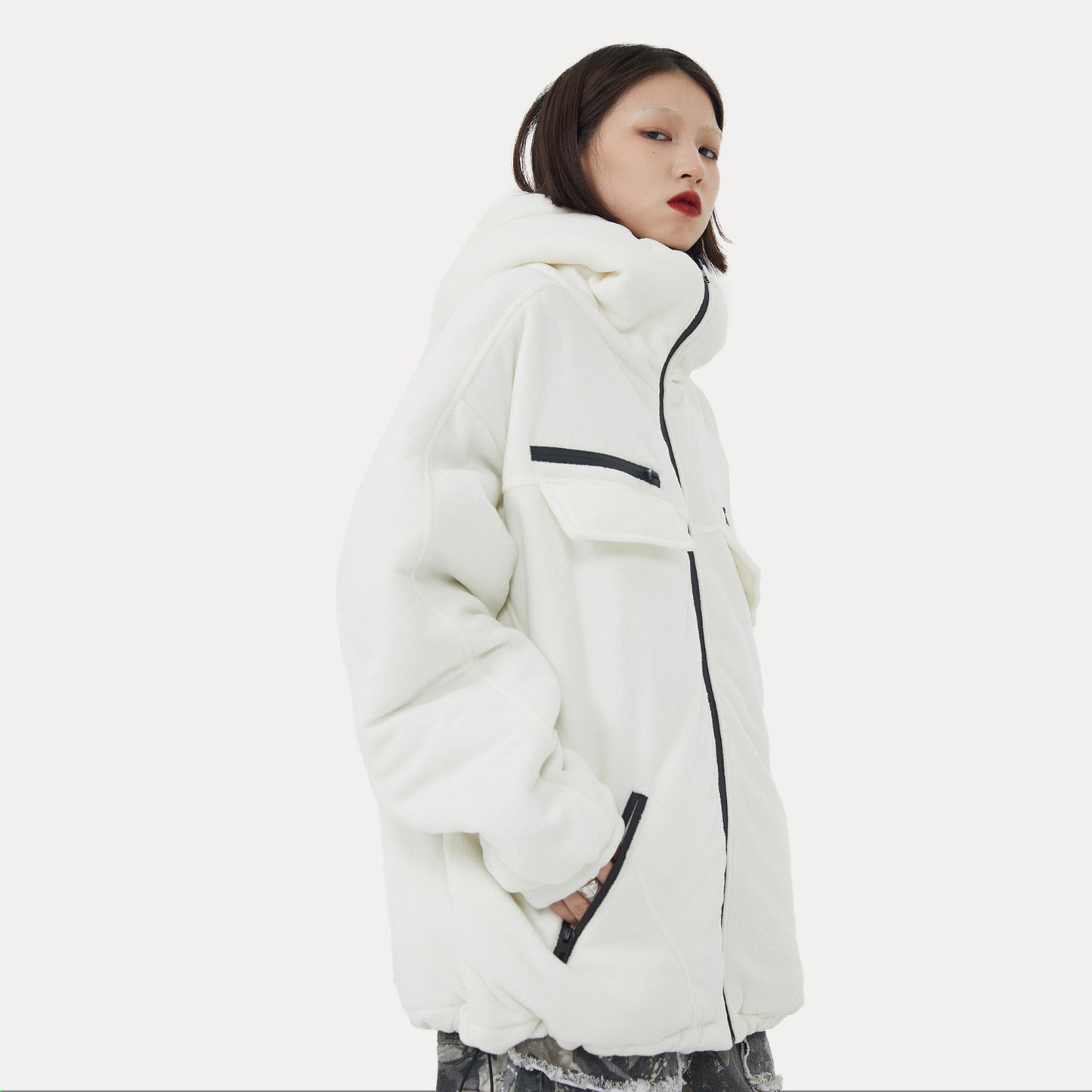 Street Tricolor Basic Drawstring Fleece Padded Jacket