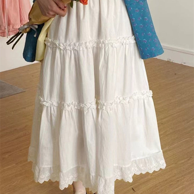 Spring White Lace Trim Tiered Skirt