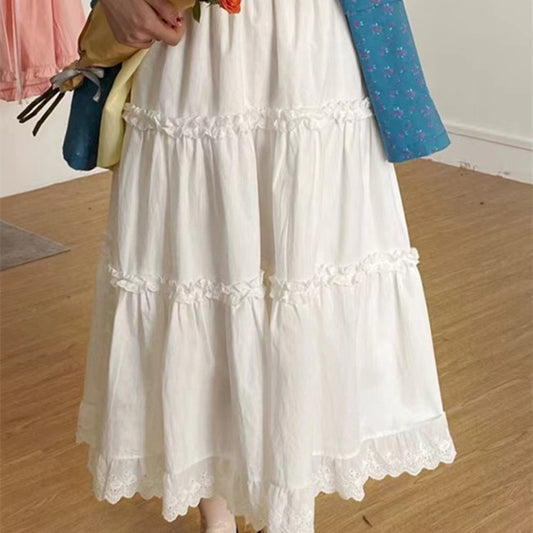 Spring White Lace Trim Tiered Skirt