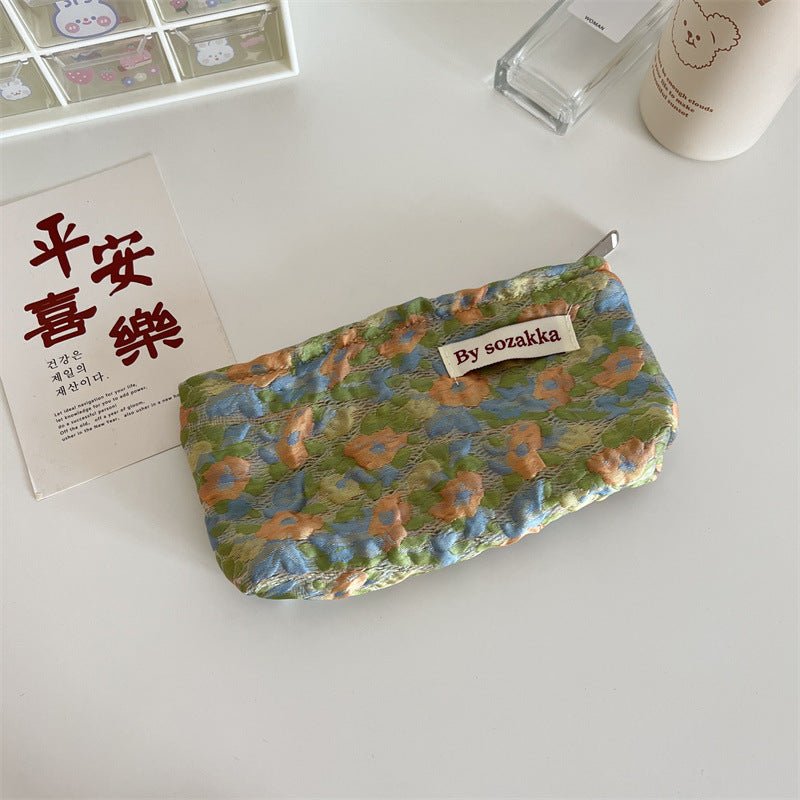 French Relief Flower Makeup Simple Portable Handbag Casual Mobile Phone Handheld Bag