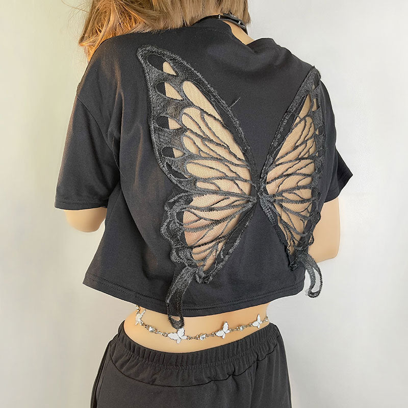 Black Lace Butterfly Exposed Navel Short T-shirt