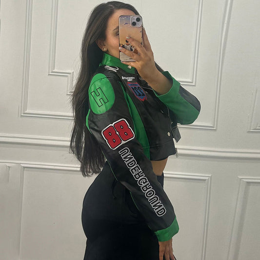 Women's Cropped Printed Long Sleeve Baseball Uniform Coat