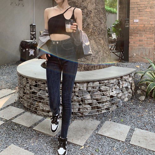 High-waist Stretch Dark Jeans Women's Trendy Two-button Trousers