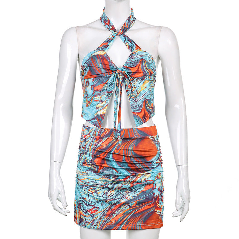 Fashion Printed Strap Neck Hanging Set Skirt