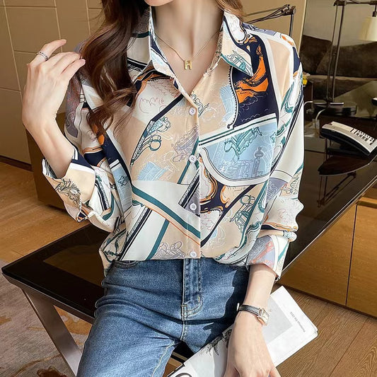 Fashionable Printed Long-sleeved Chiffon Shirt For Women