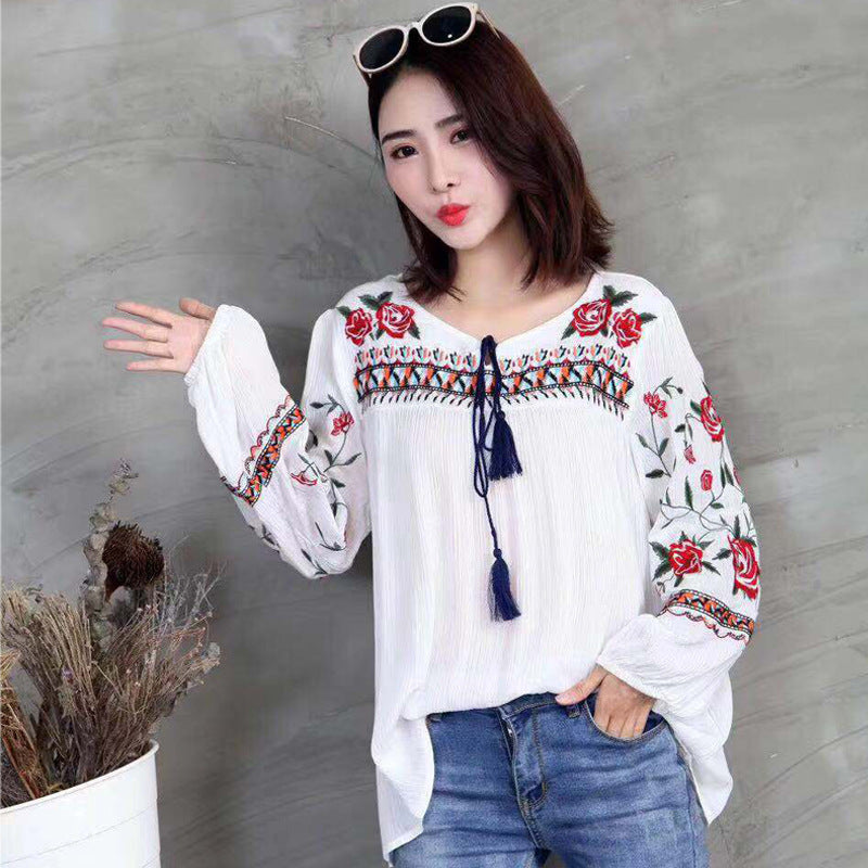 Ladies Tassel Embroidered White Shirt