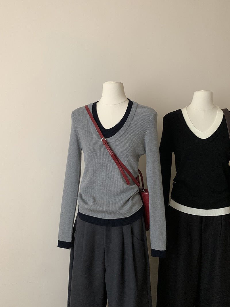 Contrast Color V-neck Long-sleeve Knitwear Sweater Top