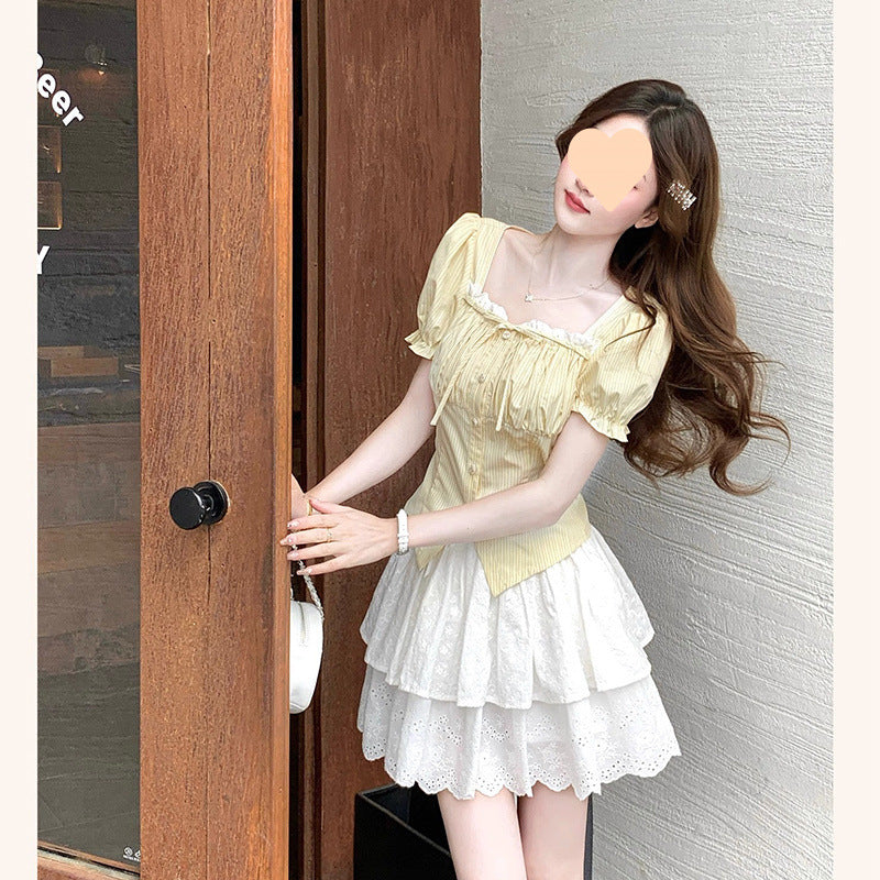 Younger Fashion Striped Shirt French Slim Fit Temperament Square Collar Yellow Top