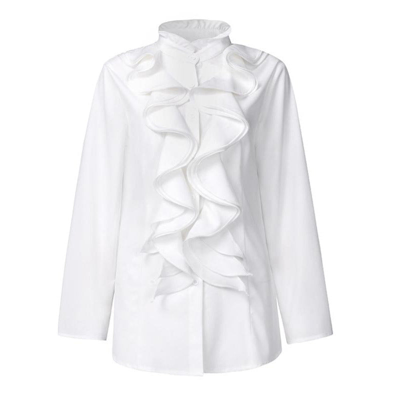Women's Solid-Colored Ruffle-Trimmed Button-Front Shirt