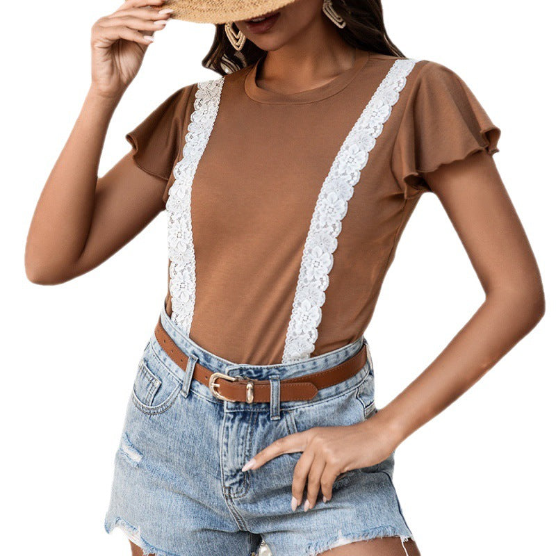 European And American Women's Solid Color Stitching Lace Lace Ruffled Short-sleeved T-shirt