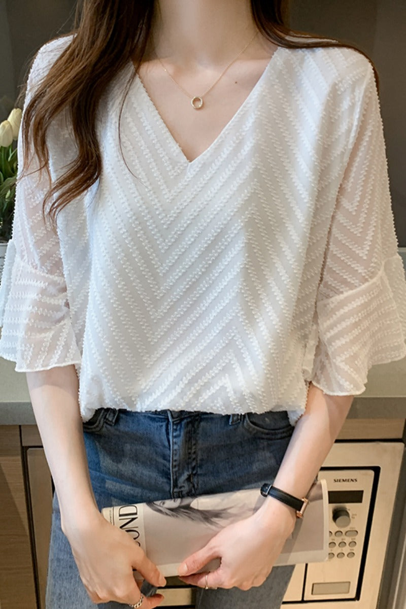 Women's Summer White Chiffon Short Sleeve Shirt