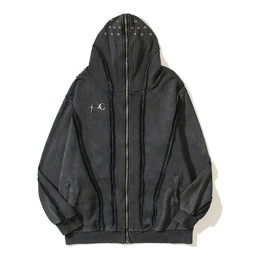 Men's Washed Batik Zipper Hooded Cardigan Sweater
