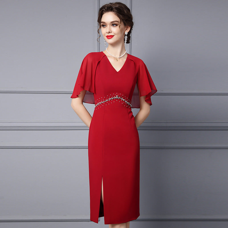 V-neck Shawl Sleeve Studded Diamond Banquet Buttocks Skirt
