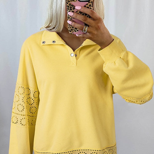 Ensfarvet Pullover Revers Langærmet Sweater Damemode Europæisk og Amerikansk