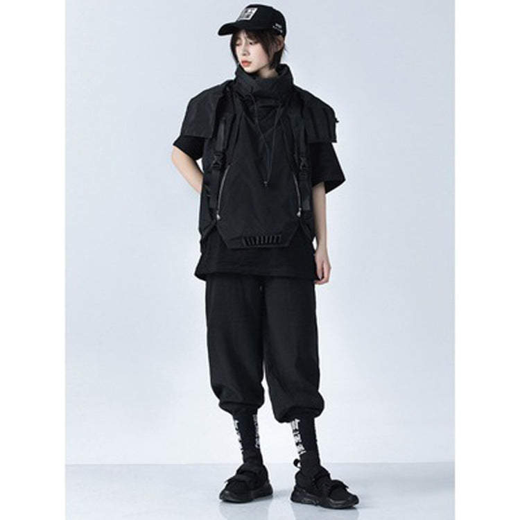 Industrial Dark Mechanical Style Hip Hop Hooded Tactical Vest Coat Men's And Women's Detachable Hat
