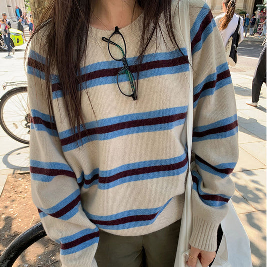 Striped Contrast Color Round Neck Pullover All-matching Knitwear Sweater