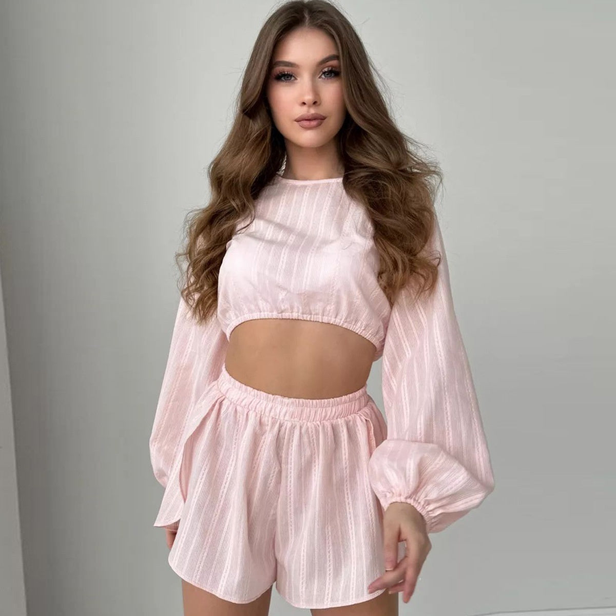 Long-sleeved Top With Slit Shorts Casual Wearable Set For Women