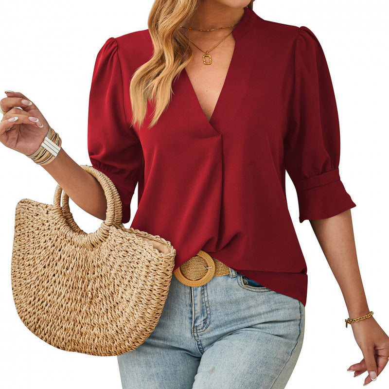 V-neck Mid-sleeve Comfortable Breathable Casual Top