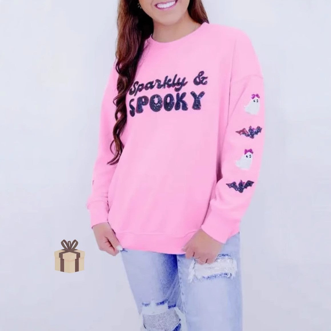 Womens Crew-Neck Halloween Sequin Hoodie